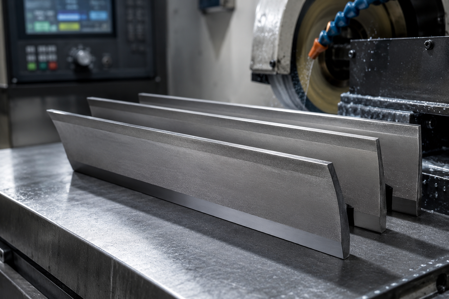 Precision centerless grinding blade with carbide wear surface for improved accuracy and durability.