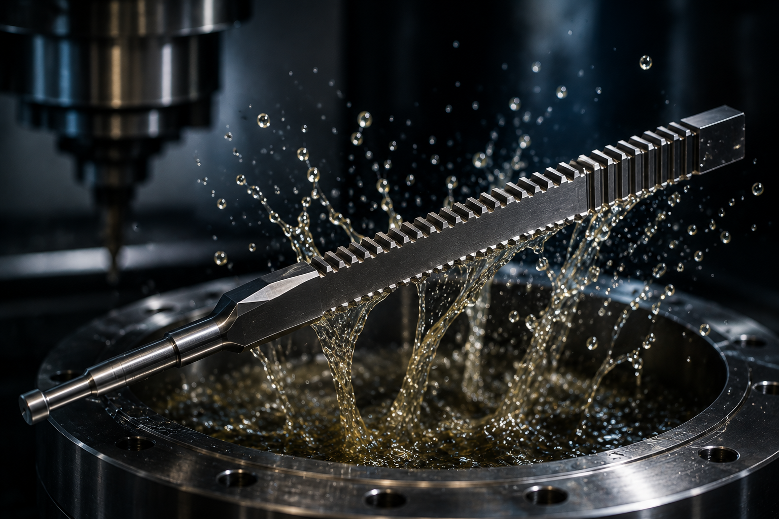A metallic tool with a serrated edge resting on a circular machined surface, with coolant or lubricant splashing around during machining or manufacturing process.