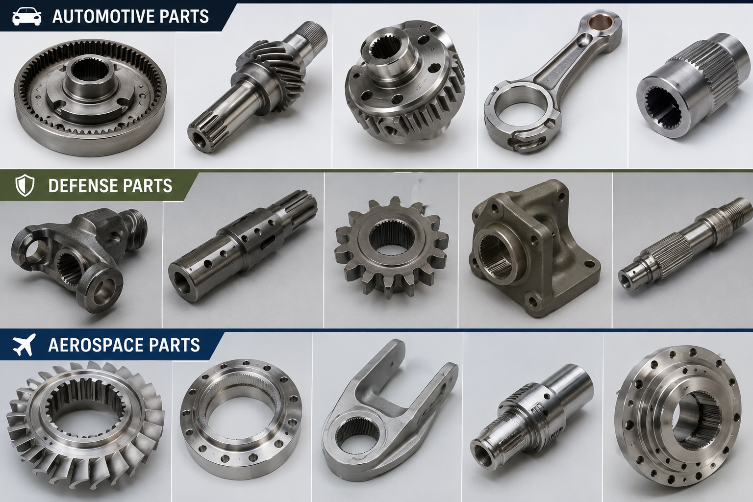 Collection of precision-machined automotive, aerospace, and defense components manufactured for high-performance industrial applications.