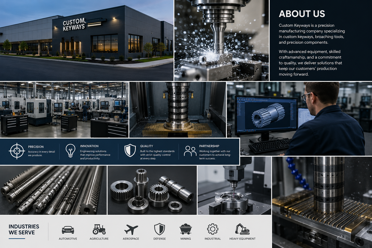 Collage of Custom Keyway's manufacturing facility, CNC machining, engineering, precision tooling, and industries served including automotive, aerospace, agriculture, mining, defense, industrial, and heavy equipment.
