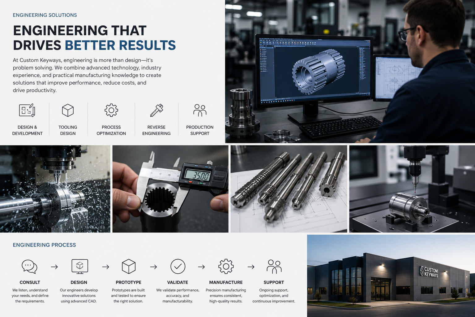 Engineering infographic showing CAD design, precision machining, quality inspection, and custom broaching solutions at Custom Keyway.