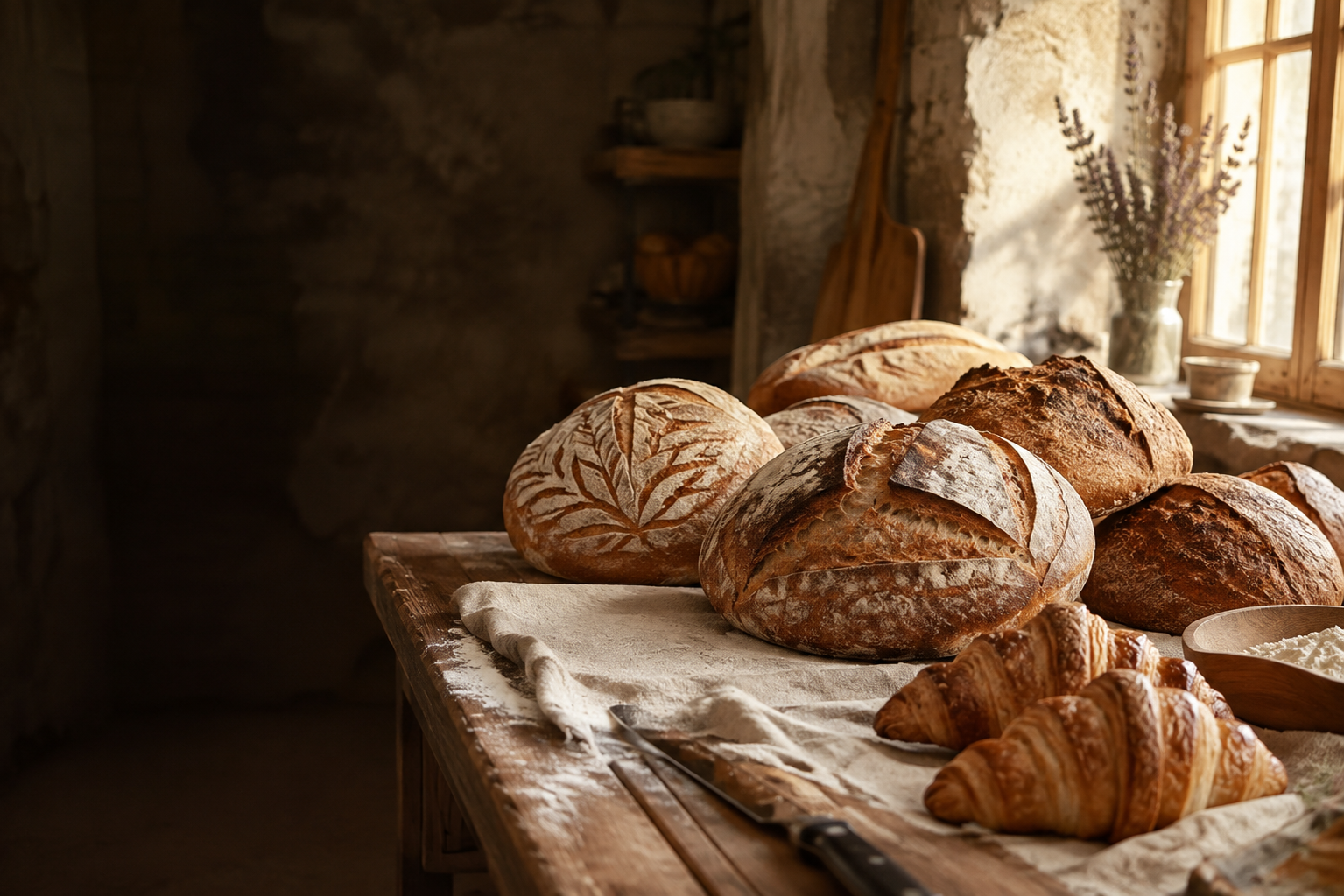 Fresh artisan bread and pastries arranged on a bakery table at sunrise