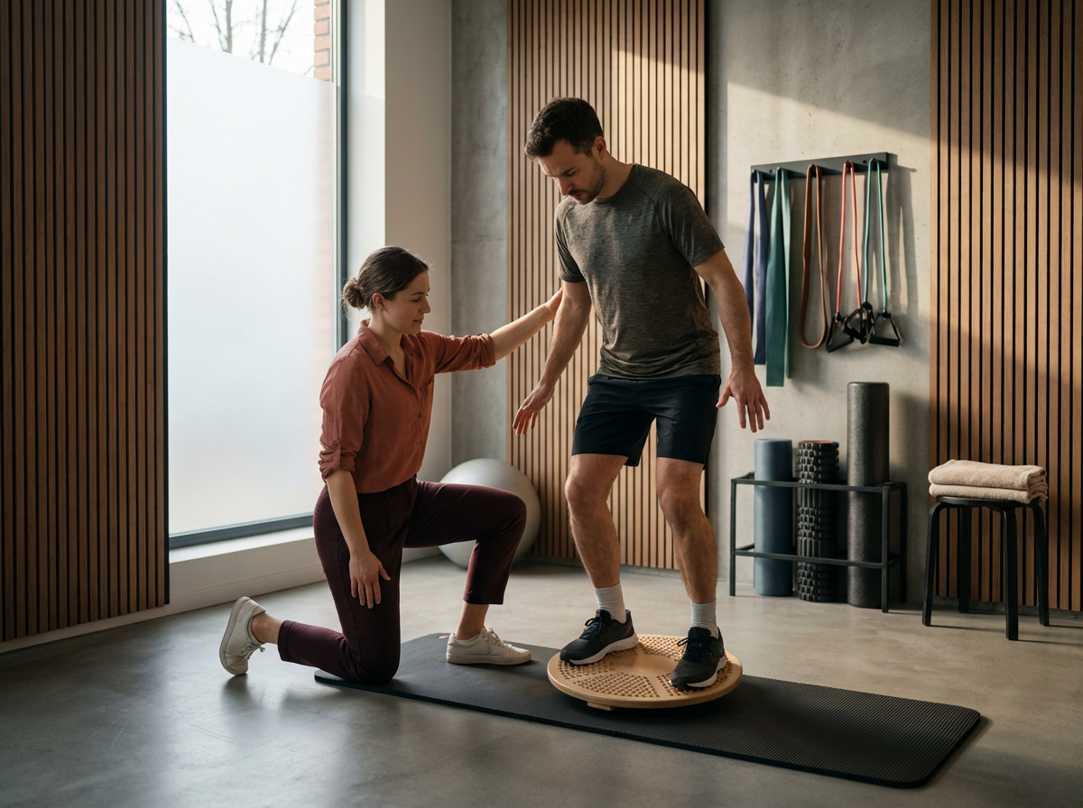 A man is standing on a balance board with his arms raised for balance, while a woman is kneeling beside him, providing support. They are in a fitness studio with exercise equipment and resistance bands on the wall.