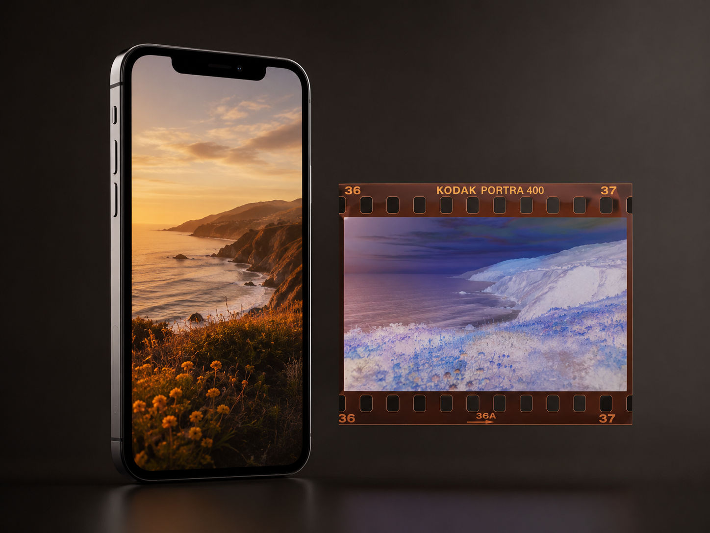 Digital-to-film comparison of a coastal sunset on a phone and a 35mm film negative.
