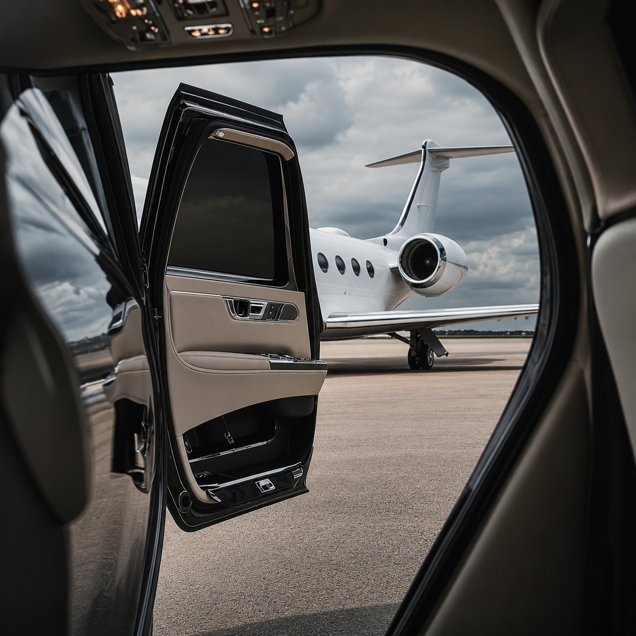Luxury car with open door on tarmac, private jet in background under cloudy sky.