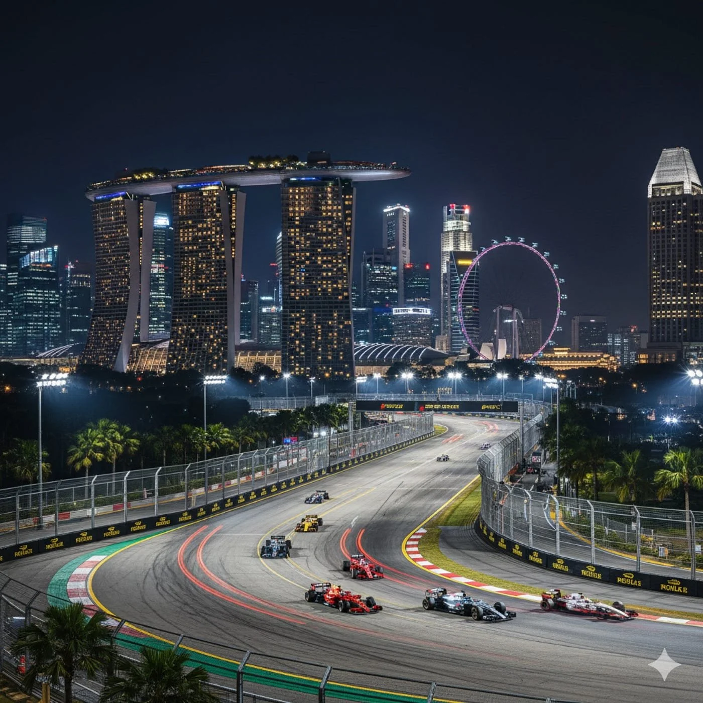 Nighttime view of a city skyline with tall buildings, including Marina Bay Sands hotel with a boat-shaped top, and a large Ferris wheel. A Formula 1 race is underway on a curved race track in the foreground, with racing cars speeding along it, surrounded by palm trees and barriers.