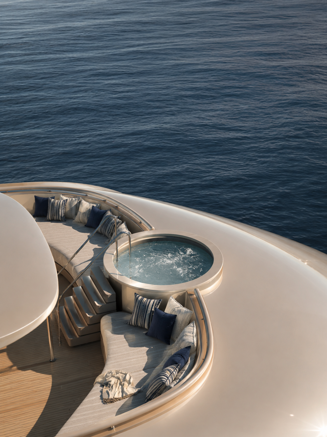 On the deck of a yacht, there is a round hot tub with water bubbles, surrounded by cushioned seating with striped and solid blue pillows, overlooking calm blue ocean water.