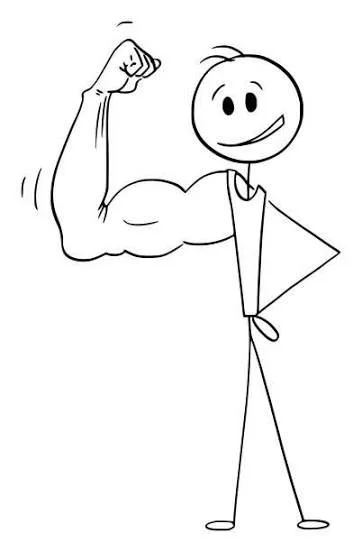 Stick figure character with a smiling face flexing its bicep, with a muscular arm drawn in on the left side.