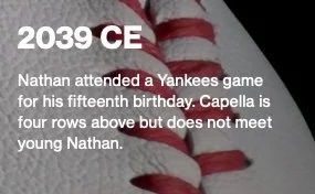 Close-up of a baseball with red stitching and text overlay about Nathan attending a Yankees game for his birthday in 2039.