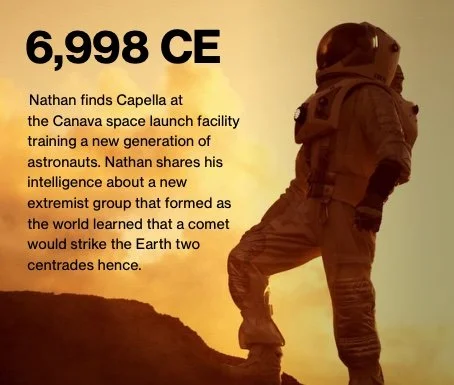 An astronaut standing on a rocky surface, looking into the distance against a yellowish sky.