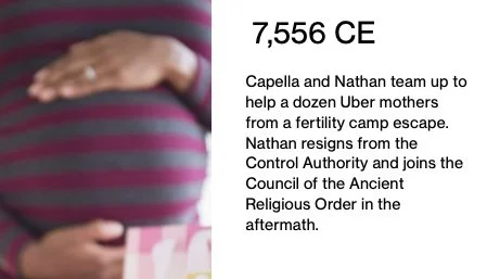 Close-up of a pregnant woman wearing a striped shirt, holding her belly with both hands, alongside a text block about 7556 CE involving Capella and Nathan helping mothers and joining an ancient religious council.