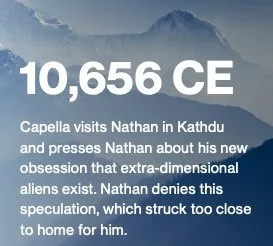 Text about Capella visiting Nathan and discussing extraterrestrial aliens, with a mountain and cloudy sky background.