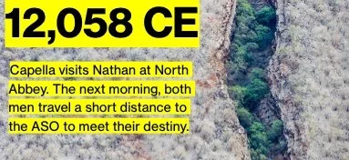 Text overlay about Capella visiting Nathan at North Abbey and meeting their destiny, with highlighted text '12,058 CE' and yellow background.