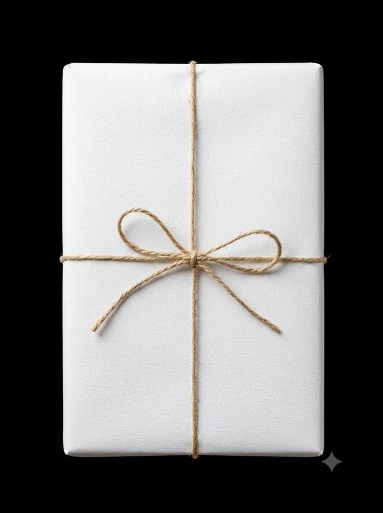 A white gift box wrapped with a natural twine string tied in a bow, placed on a black background.