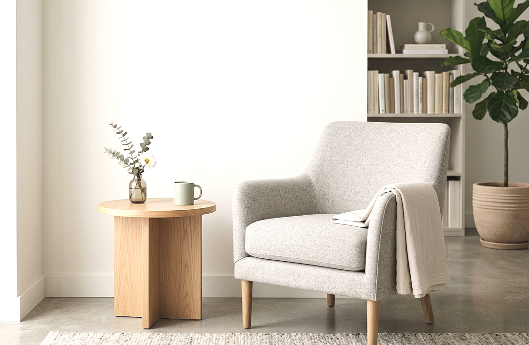 Calm, welcoming office setting with an armchair, books, plants, and natural decor.