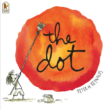 Illustration of a person holding a broom that is a paintbrush, sweeping a large orange-red dot with the words 'the dot' written inside it, and a paint can on the ground.