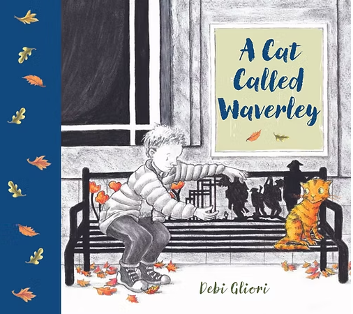 A young boy sitting on a park bench, reaching out toward an orange striped cat nearby. Autumn leaves are scattered on the ground. Behind the boy, there is a window and a sign that reads 'A Cat Called Waverly' by Debi Gliori. The left side has a decorative blue border with fall leaves.
