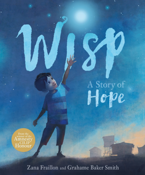 Book cover titled "Wisp: A Story of Hope" featuring a young boy reaching for a glowing star in the night sky, with silhouettes of houses in the background