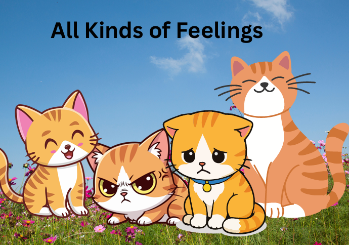 Illustration of five cats of different feelings standing on a grassy field with pink flowers, under a blue sky with clouds. The text says "All Kinds of Feelings."