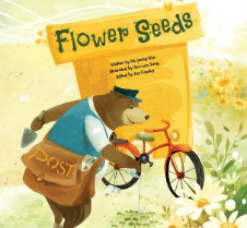 A book cover titled 'Flower Seeds' featuring a fox riding a red bicycle with a basket, surrounded by flowers and greenery.