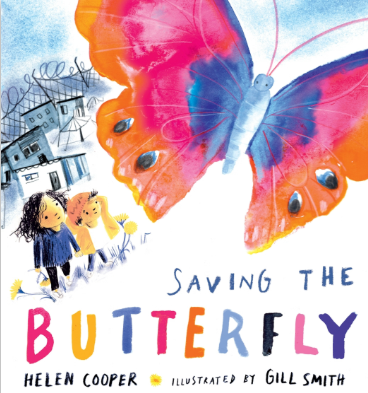 Children looking at a large colorful butterfly with orange, pink, purple, and blue wings on a white background.