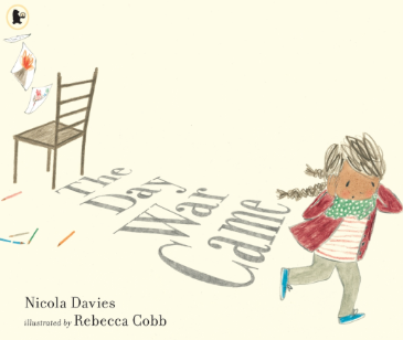 Cover of the book titled "The Day We Sang" by Nicola Davies, illustrated by Rebecca Cobb, showing a girl dancing on a plain background with scattered paper and a chair with papers hanging from it.