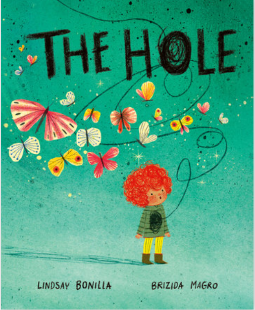 Book cover titled "The Hole" with an illustration of a girl with curly red hair and a green striped shirt, surrounded by colorful butterflies and a teal background.