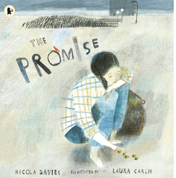 An illustration of a girl with dark hair sitting on the ground, hugging her knees, with a school bag beside her. Words 'The Promise' are written above her. There are some small objects on the ground near her, and a distant landscape with a fence and trees is in the background.