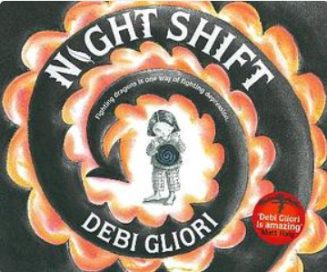 Book cover titled 'Night Shift' by Debi Gliori, featuring a child holding a star, with a spiral design and red sticker referencing Debi Gliori.