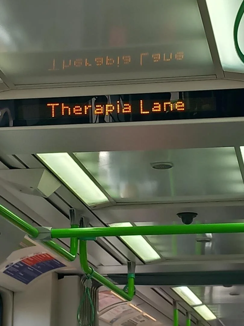 Inside a public bus showing a digital route display reading "Therapia Lane" and green handrails.