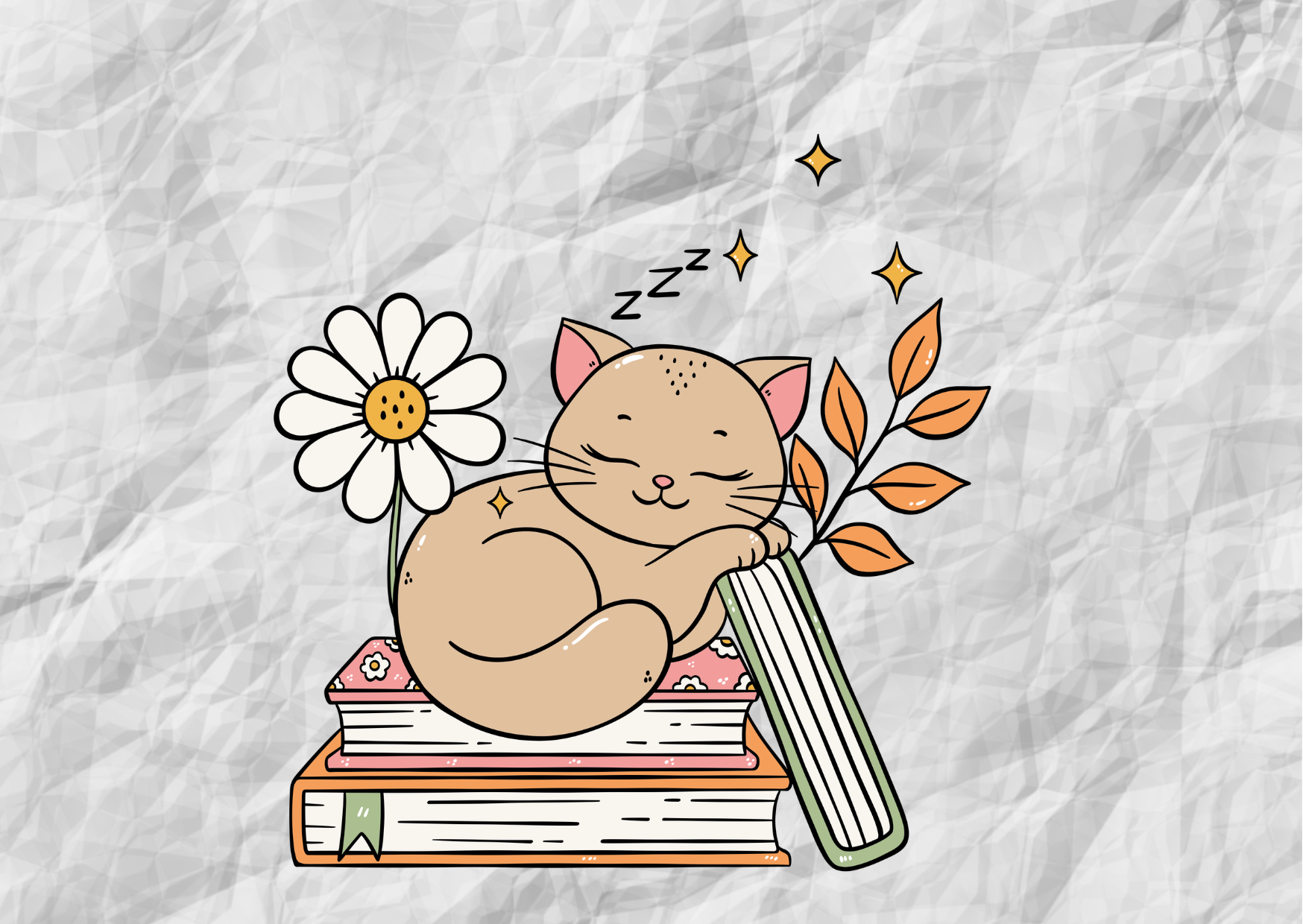 A cute illustration of a sleeping cat curled around a stack of books, next to a daisy flower and a branch with orange leaves, on a crumpled white background.