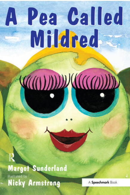 Cover of a children's book titled "A Pea Called Mildred" featuring a cartoon pea with large eyes, long pink eyelashes, red lipstick, and a smiling face, set against a colorful outdoor background.