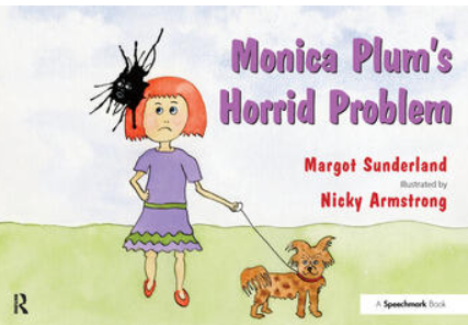 Illustration of a girl with red hair, purple dress, and holding a leash with a small dog. A spider is crawling on her head. The title reads "Monica Plum's Horrid Problem."