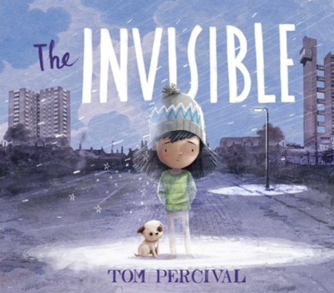 Book cover illustration for 'The Invisible' by Tom Percival, showing a young girl with dark hair wearing a green and gray jacket, standing alone in an urban street scene with tall buildings and a cloudy sky, with a small white dog nearby.