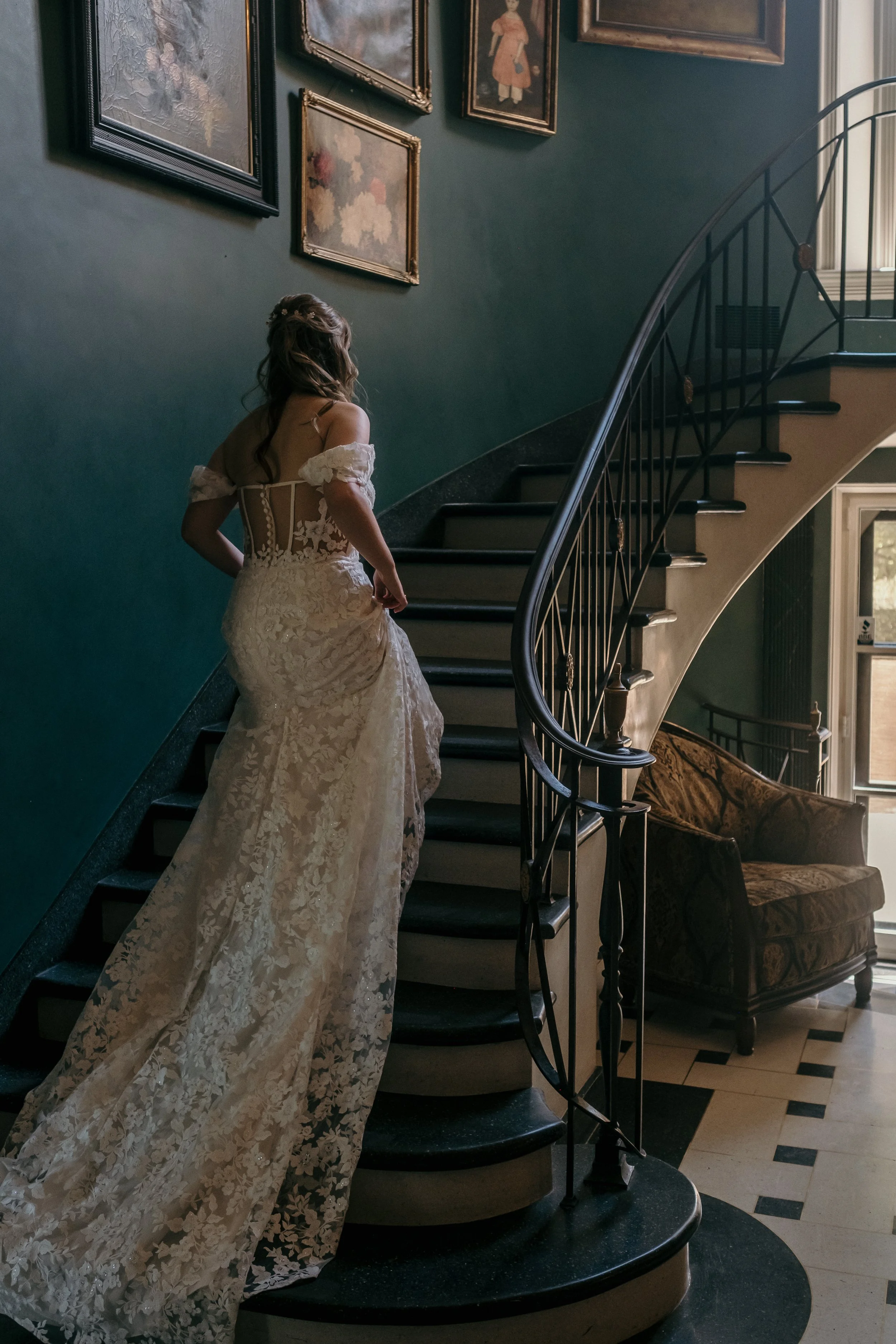 bride walking up steps
