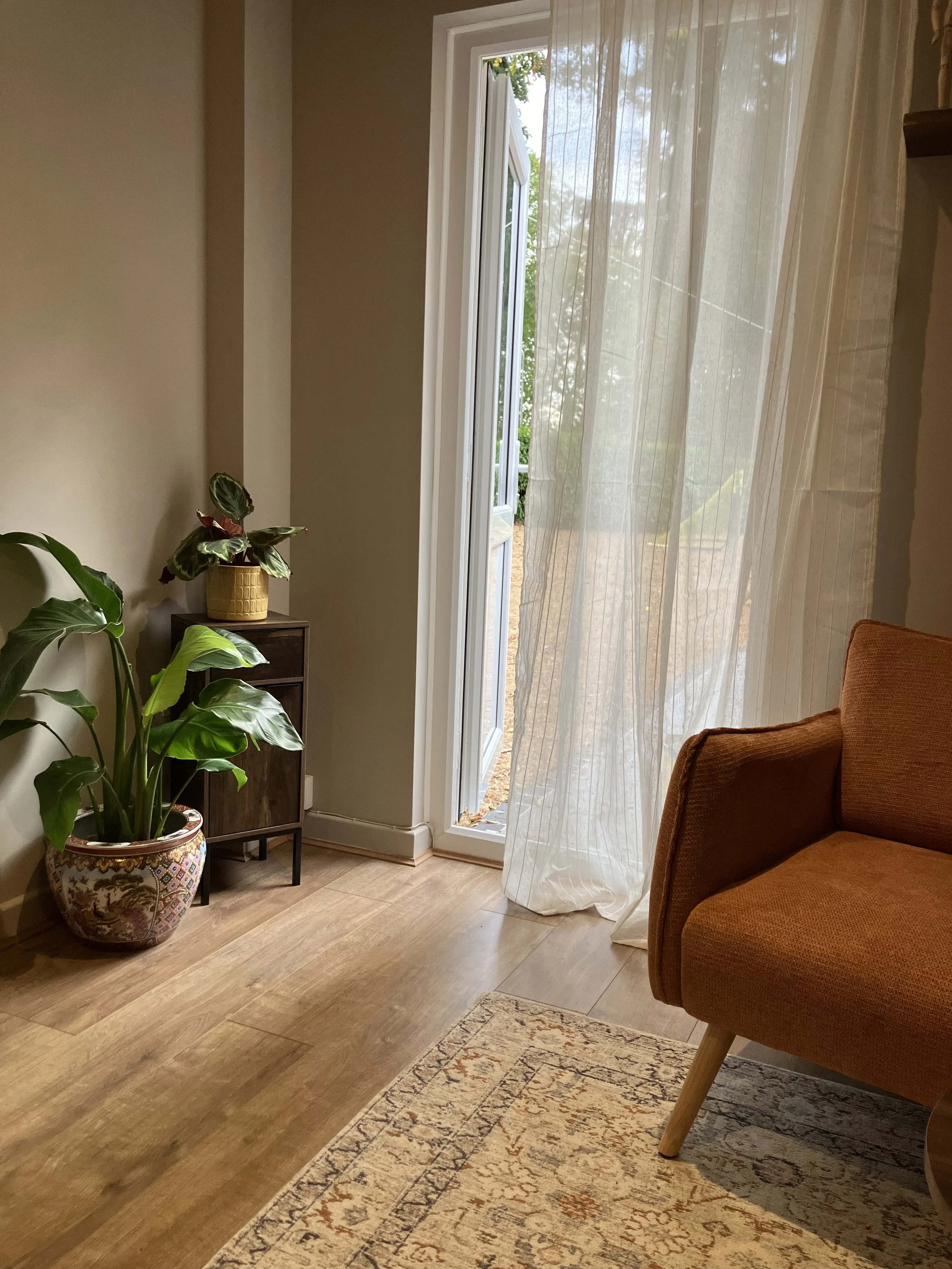 Sunlight streams through a glass door with sheer curtains, revealing a view of greenery outside. Inside, there is a potted leafy plant on a small wooden table and a rust-colored armchair near a patterned area rug on a light wooden floor.