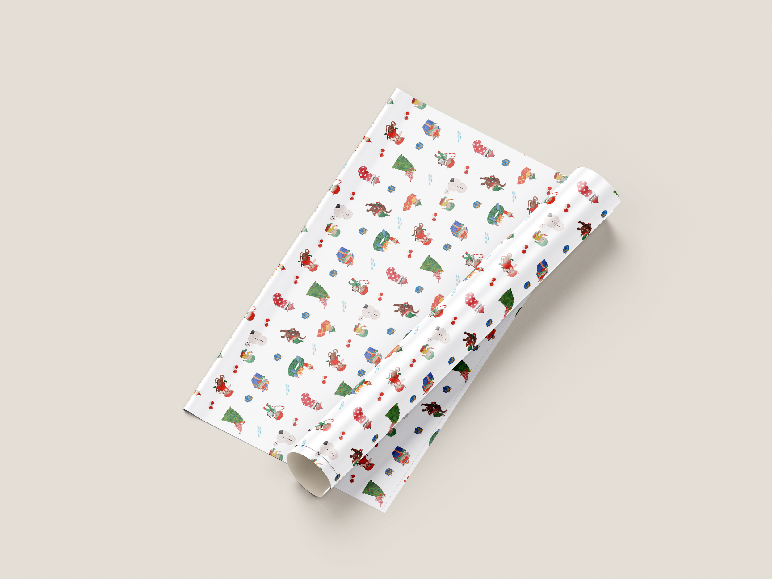 Weihnachtsgeschenkpapier mit Weihnachtselfen und anderen festlichen Motiven