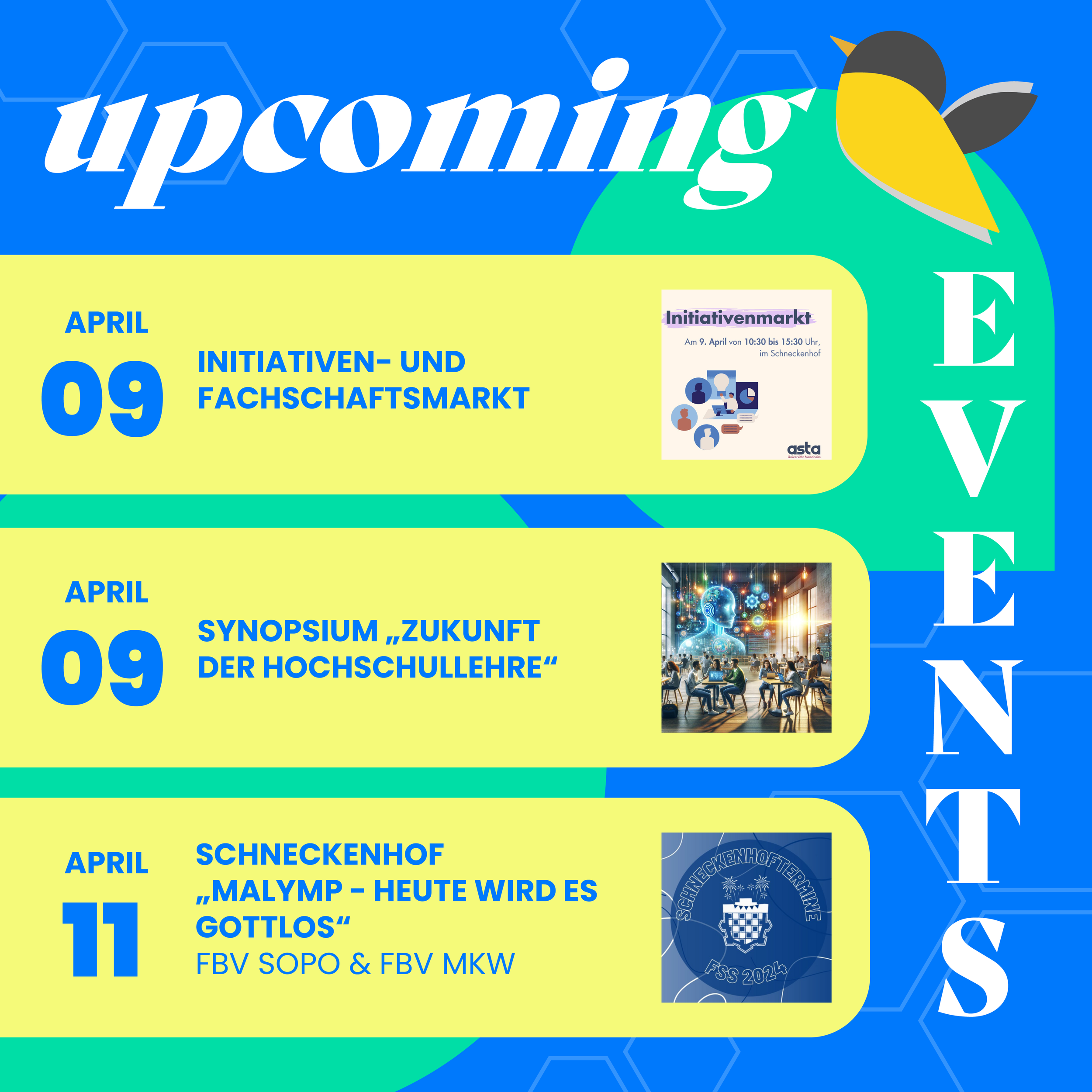 Moderner Social Media Beitrag der wöchentliche Events aus der Flyra App hervorhebt