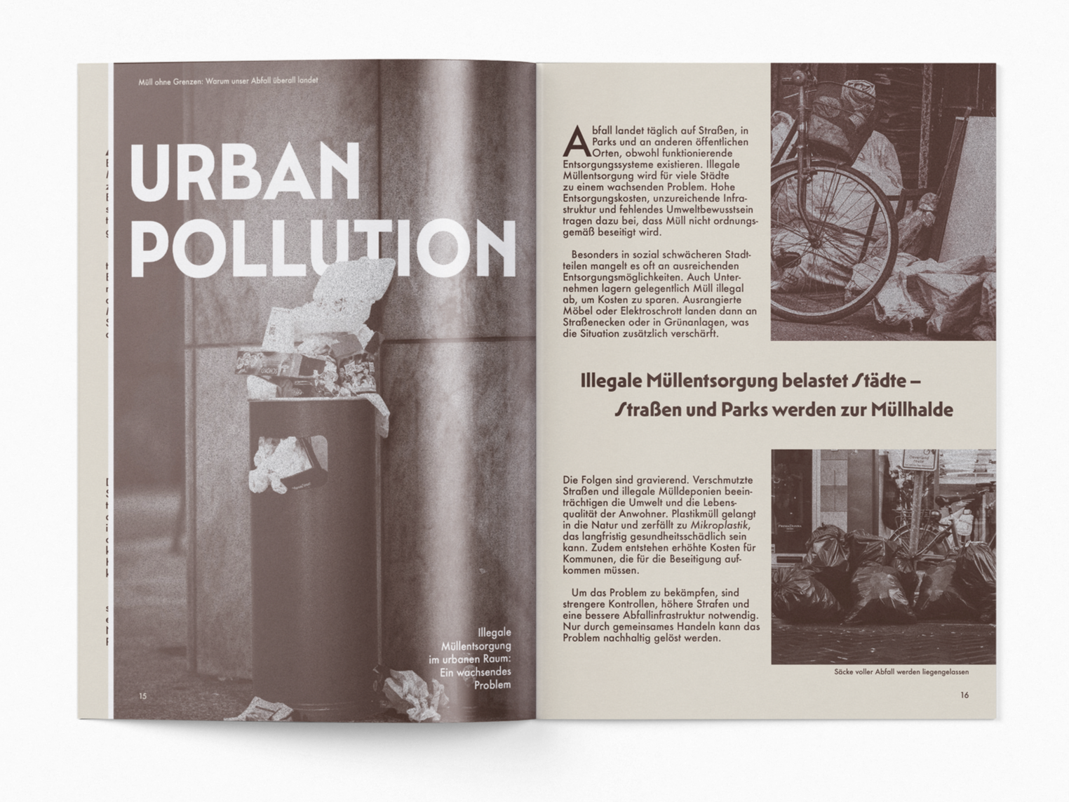 Doppelseite eines Magazins über urbane Umweltverschmutzung, mit Text und Schwarz-Weiß-Fotos von Müll in der Stadt.