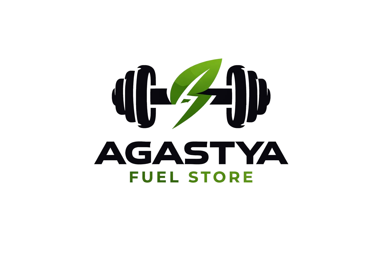 Logo of Agasta Fuel Store featuring a black and white dumbbell with a green leaf and lightning bolt in the center, with the company name below.