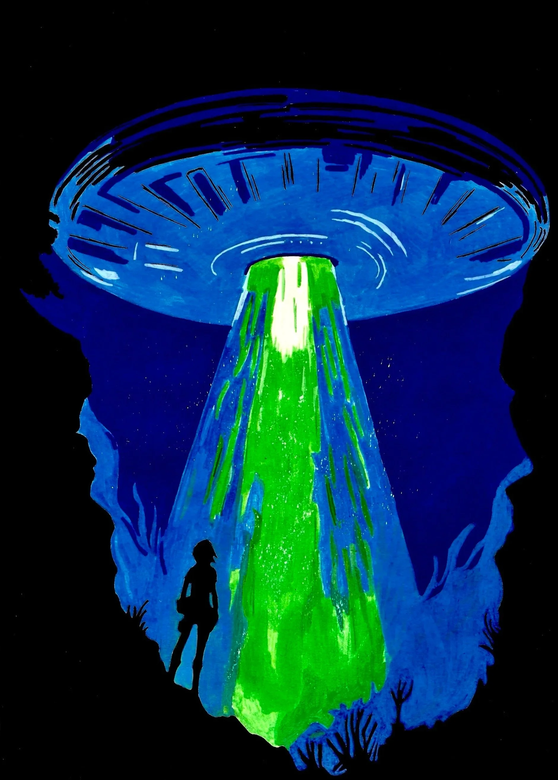 A night scene of a glowing waterfall with a large circular structure in the sky, and silhouettes of a man and a woman standing in the foreground.