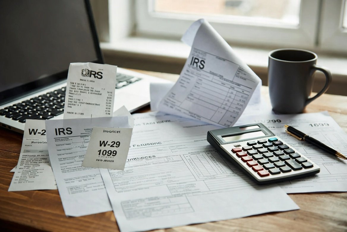 Tax documents, receipts, a calculator, a pen, a cup, and a laptop on a wooden table by a window.