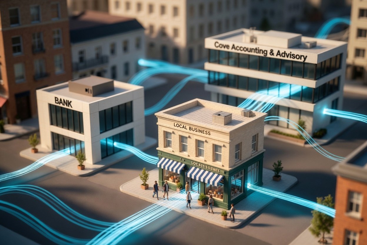 Miniature model of a small town with a local business, bank, and accounting office connected by blue light trails, representing digital connectivity.