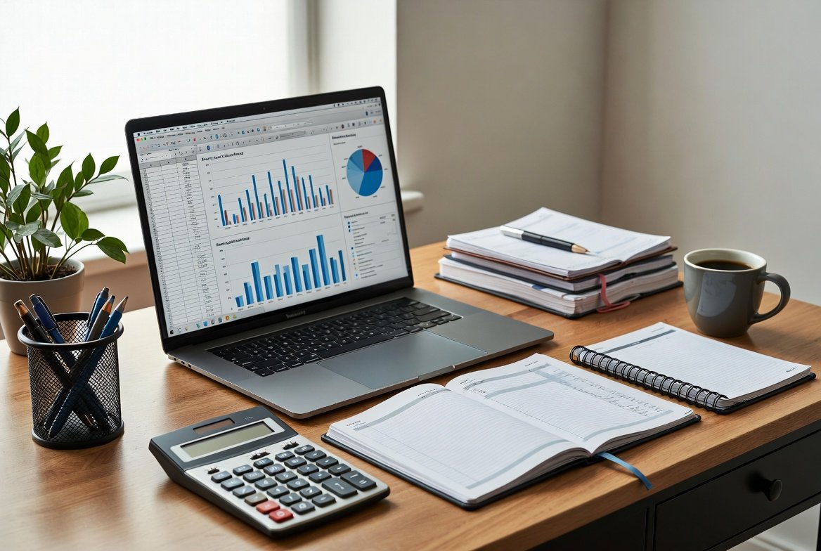 A desk with a laptop displaying bar graphs and charts, notebooks, a calculator, a pen holder with pens, a cup of coffee, and a stack of papers and folders.