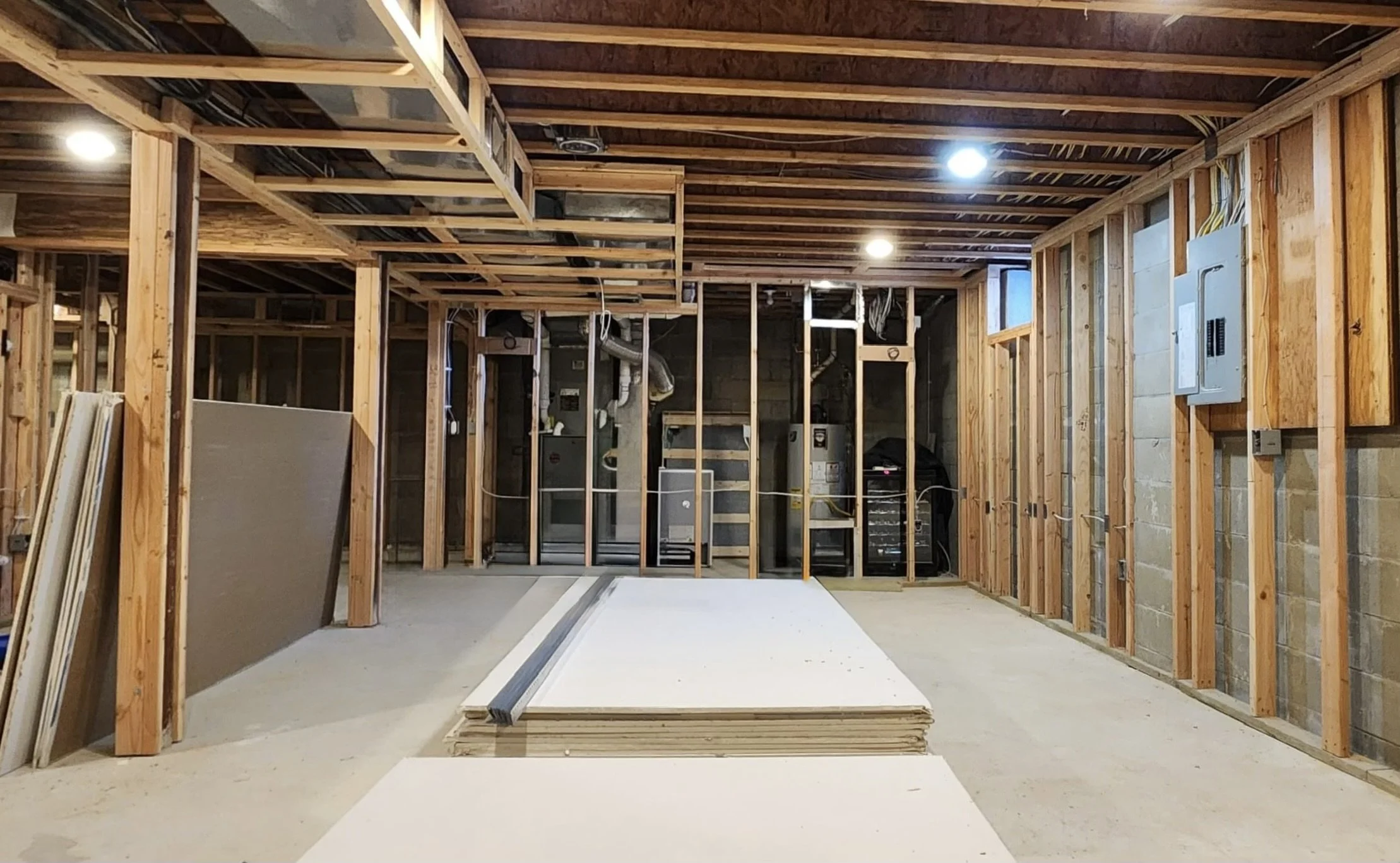Basement framing and drywall before completion.