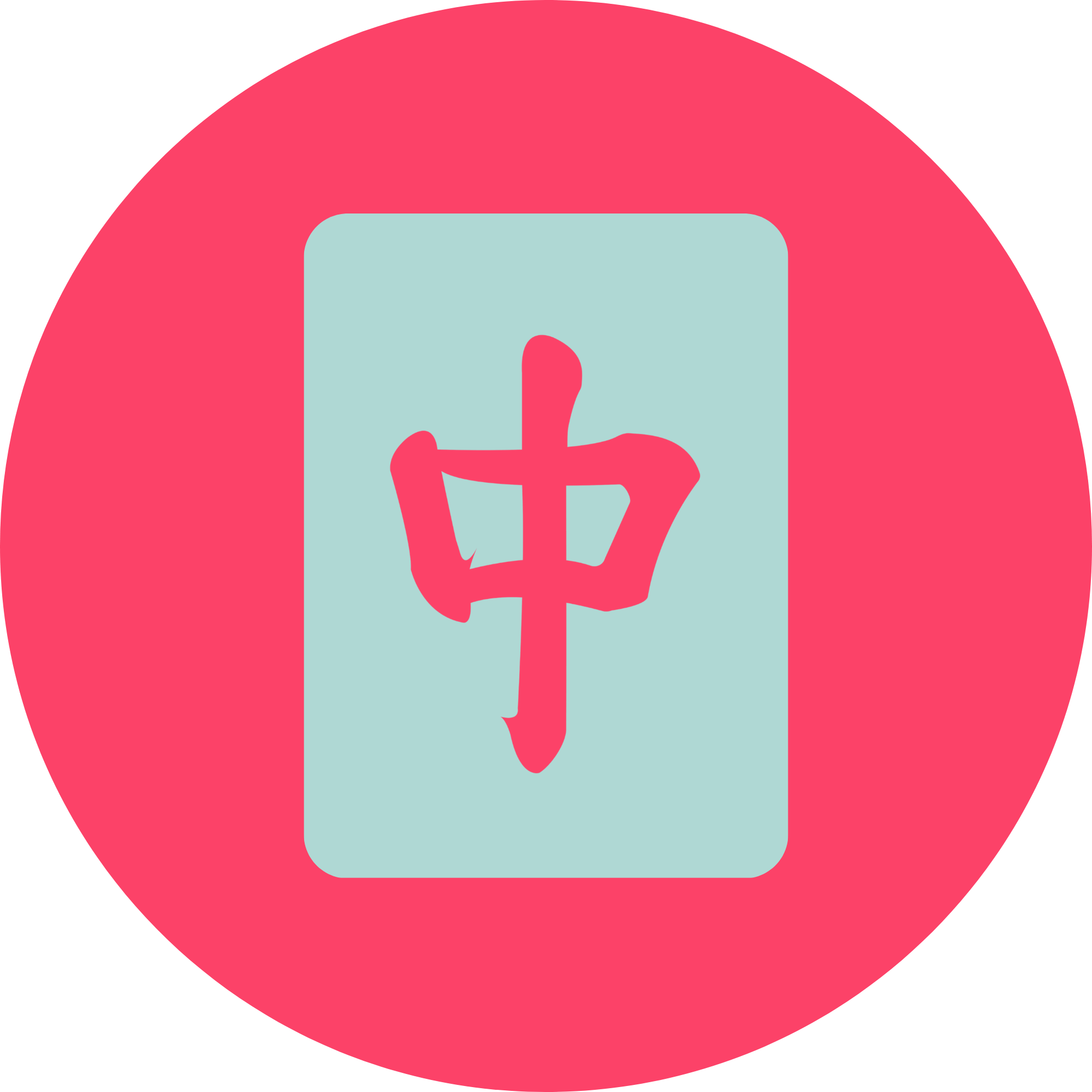 A blue icon of a red dragon mahjong tile on a pink circular background.