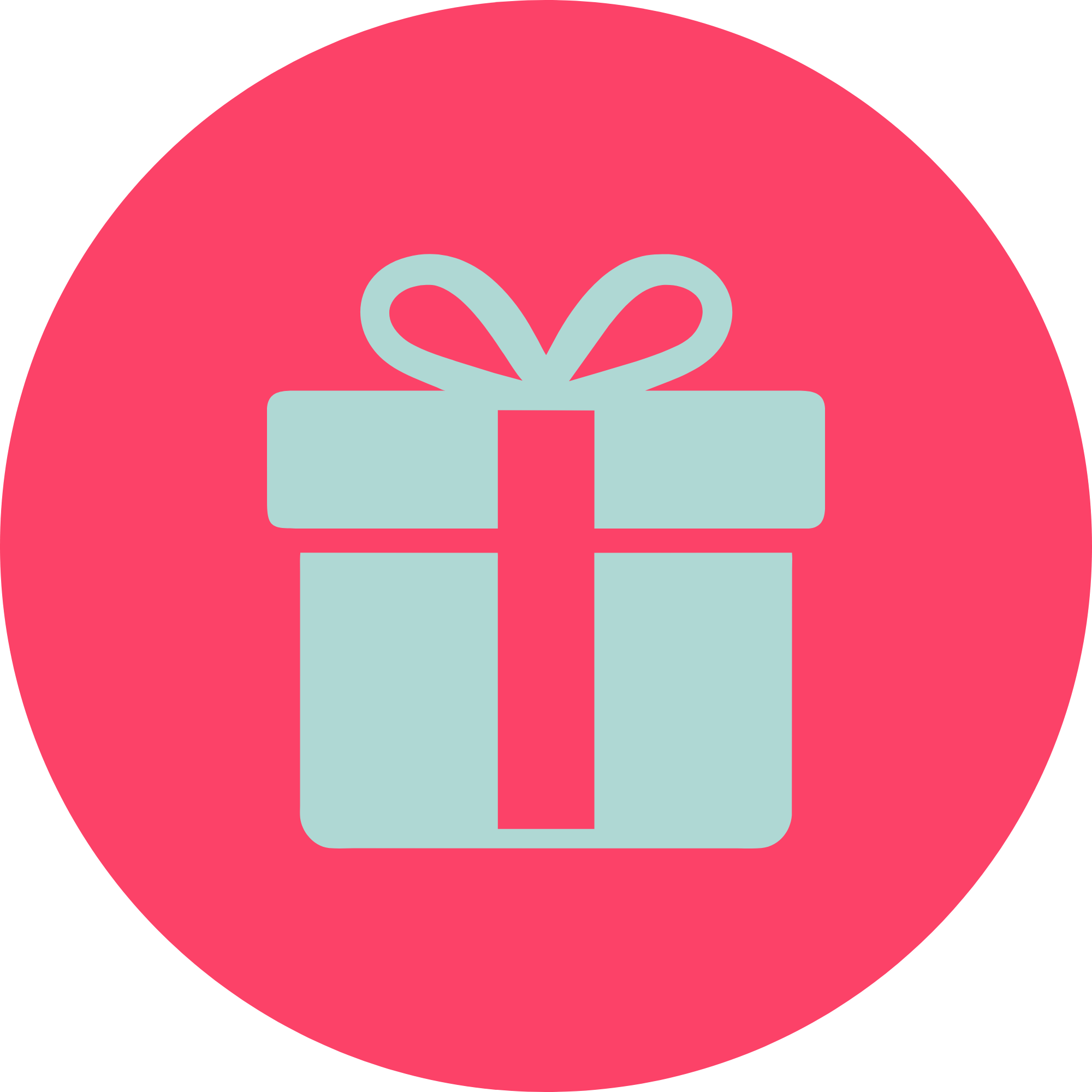 A pink circular icon with a white gift box and ribbon in the center.