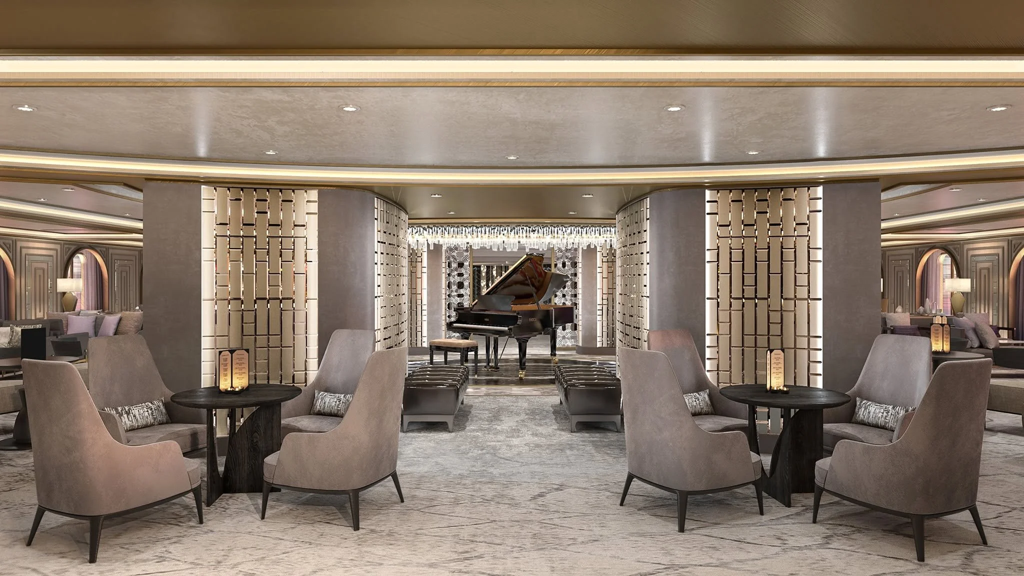 Elegant lounge area with a black grand piano at the center, surrounded by beige armchairs and small round tables with candlelit lamps, in a modern, softly lit interior.