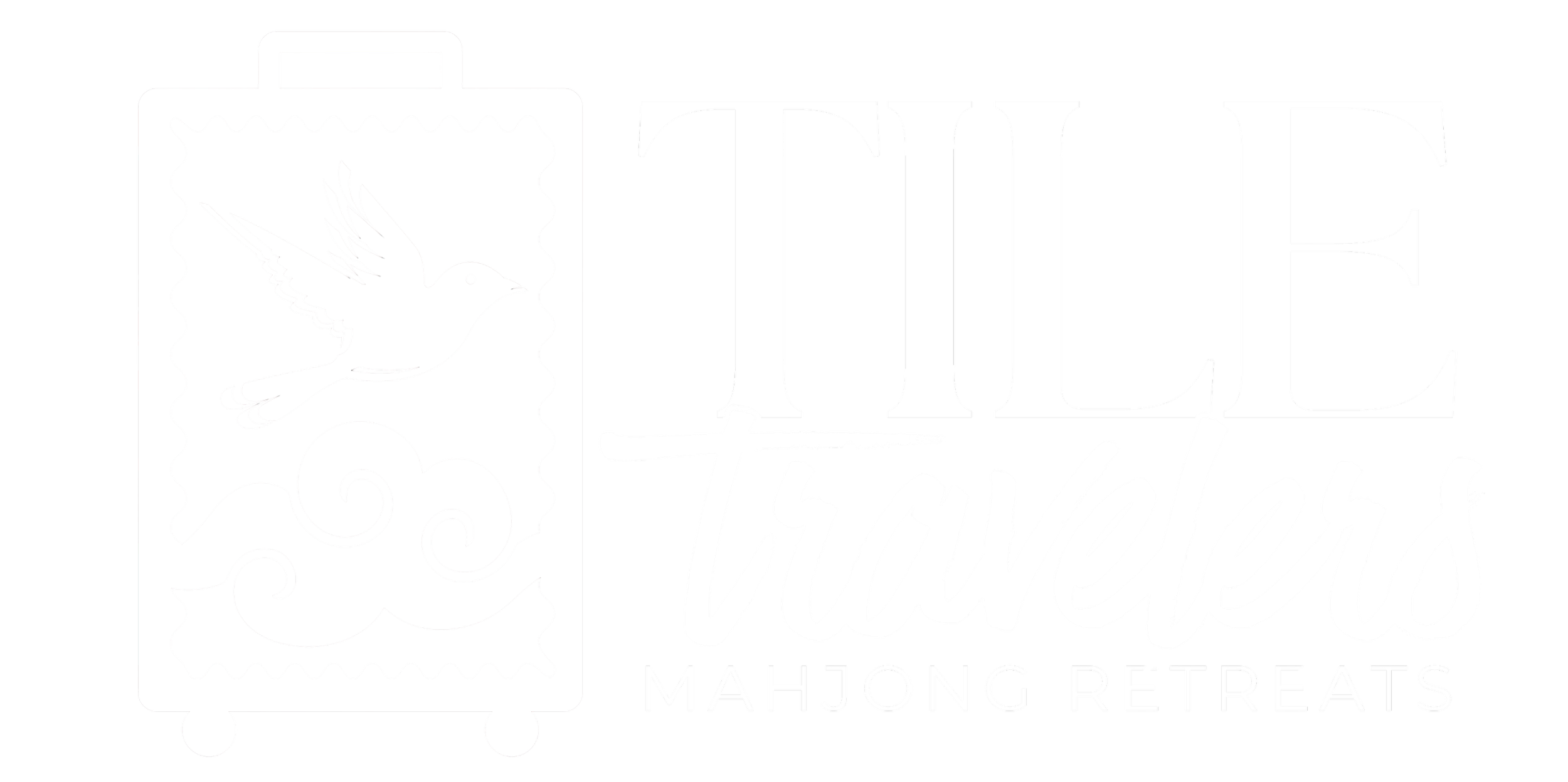 Logo for Tile Travelers, featuring a stylized bird and decorative elements, with text 'Tile Travelers Mahjong Retreats'.
