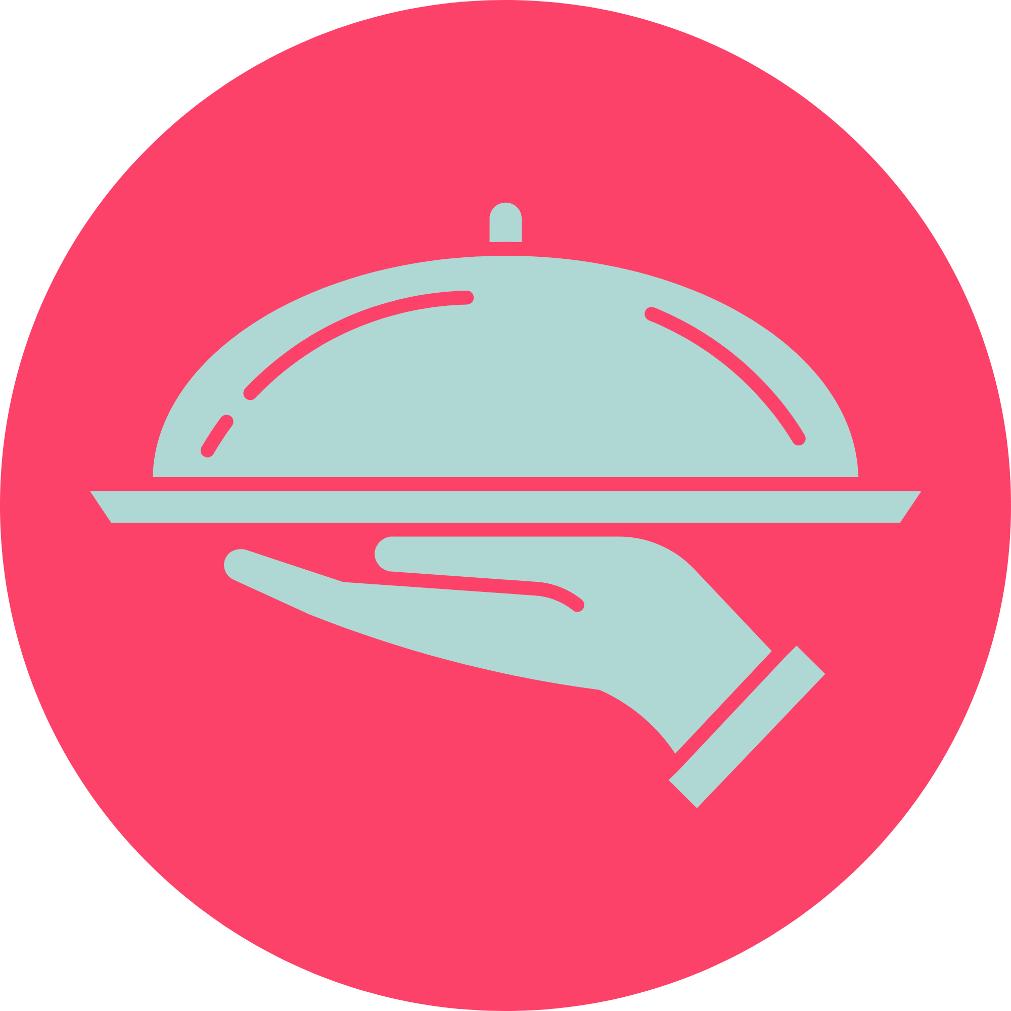 A blue waiter hand icon serving a covered dish on a pink circle background.